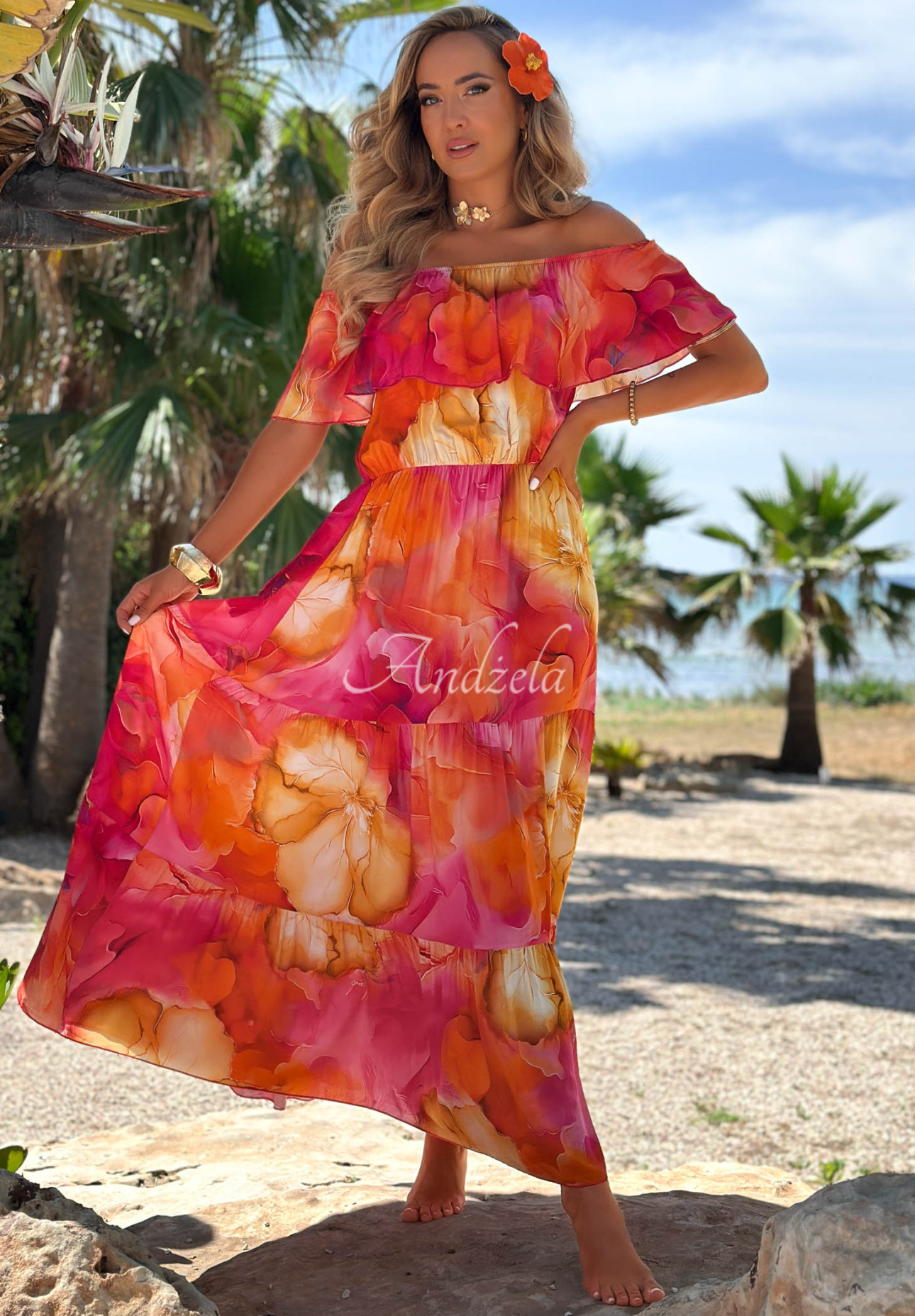 Summer Inspiration Fuchsia Floral Viscose Dress with Ruffles