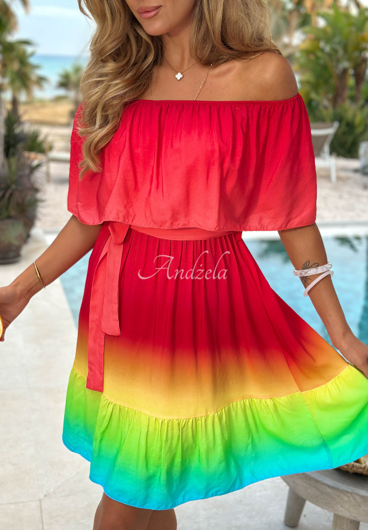 Wiskozowa sukienka mini hiszpanka ombre Solar Rainbow czerwono-żółta