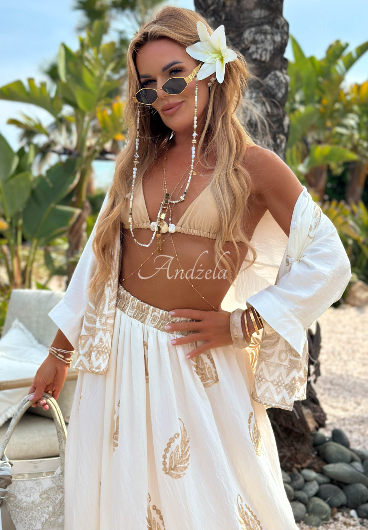 Summer Palms Ecru Patterned Maxi Skirt