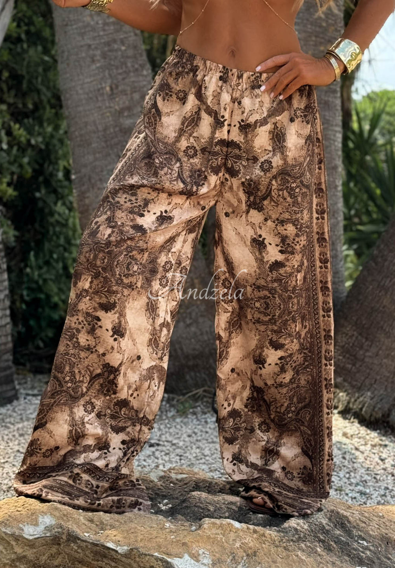Sunny Cocoa Beige and Chocolate-Brown Viscose Shirt and Wide-Leg Pants Set