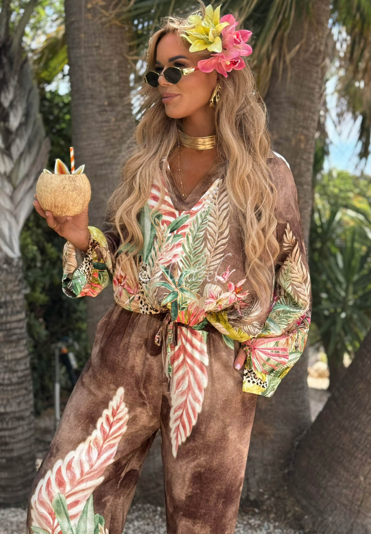 Lamparti chocolate-colored viscose patterned wide-leg shirt and pants set