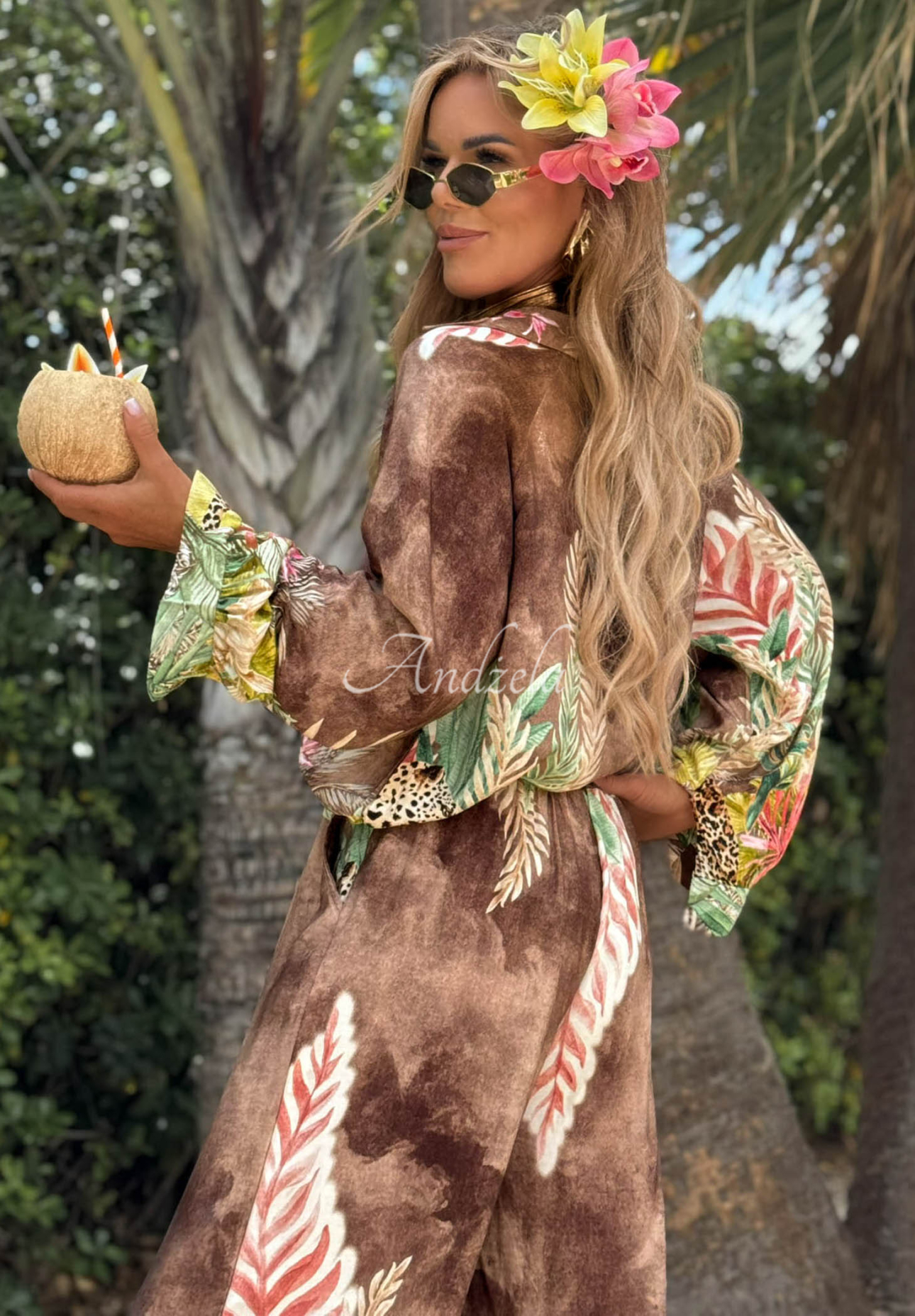 Lamparti chocolate-colored viscose patterned wide-leg shirt and pants set