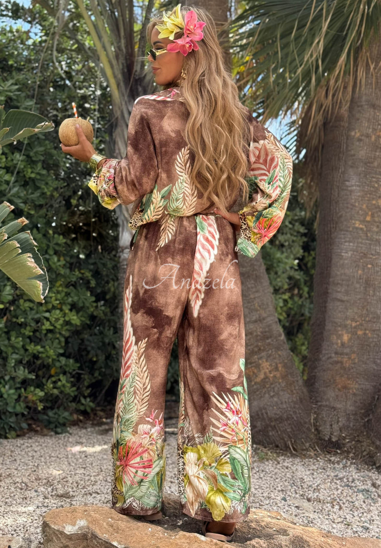 Lamparti chocolate-colored viscose patterned wide-leg shirt and pants set