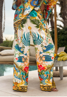 Wzorzysty komplet bluzka i spodnie wide leg Exotic Ornaments biało-niebieski