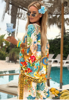Wzorzysty komplet bluzka i spodnie wide leg Exotic Ornaments biało-niebieski