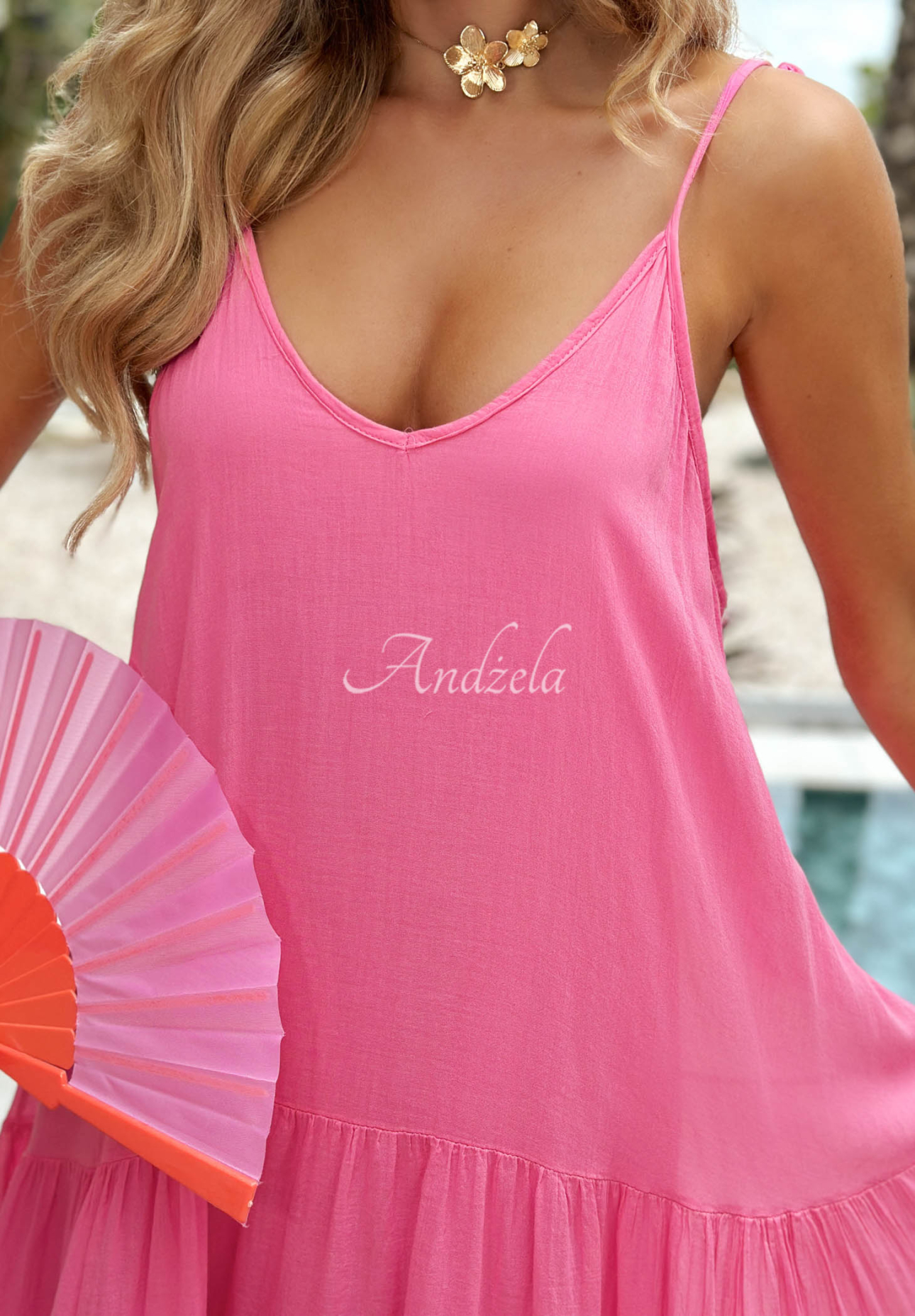 Lightweight cotton strapless dress with ruffles – Hot Waves Pink