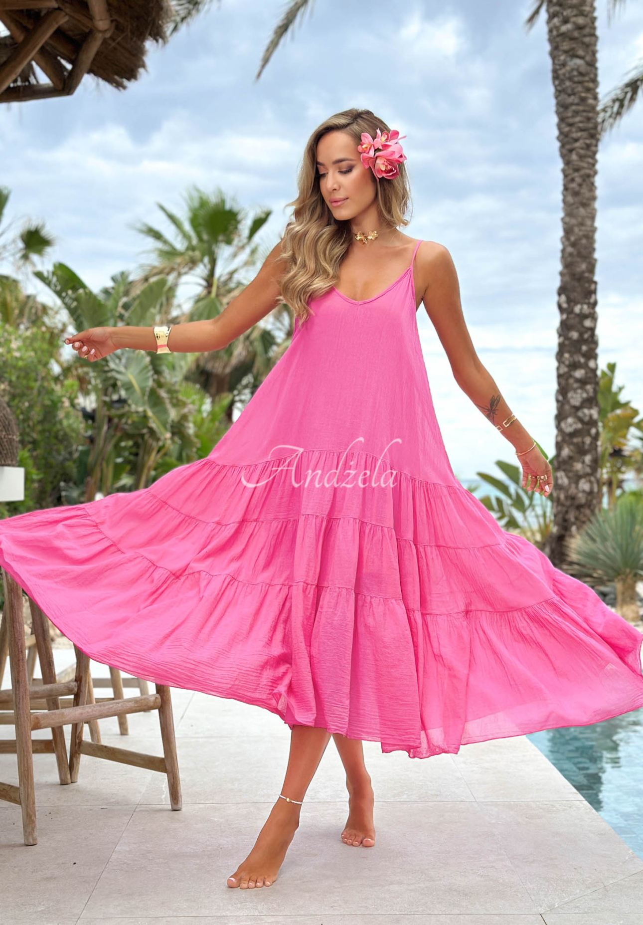 Lightweight cotton strapless dress with ruffles – Hot Waves Pink