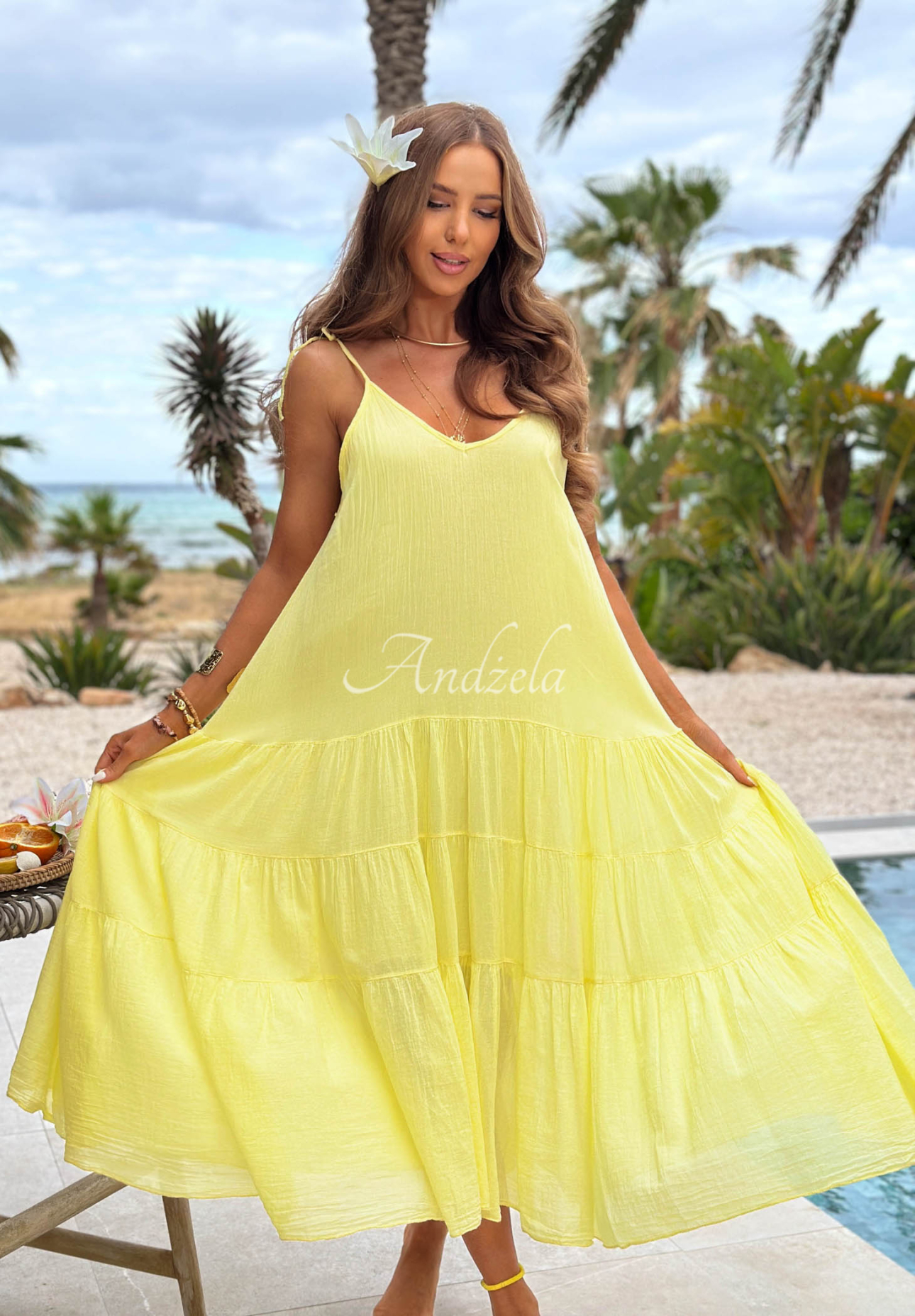 Lightweight yellow cotton strapless dress with ruffles by Hot Waves