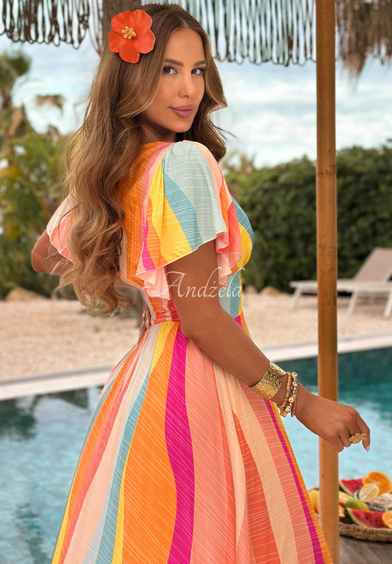 Viscose maxi dress with colorful Sunny Rainbow patterns in orange and pink