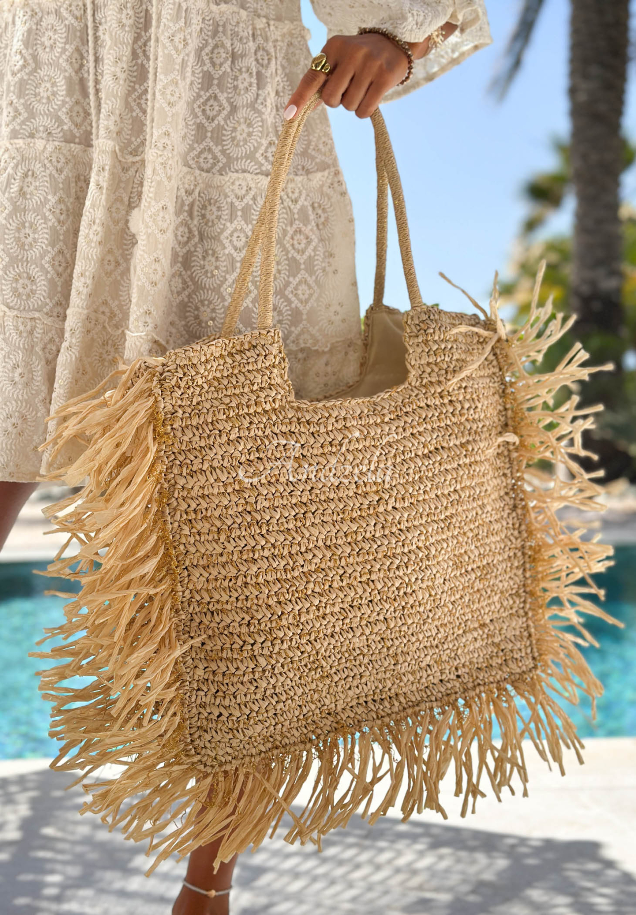 Sunlit Weave Beige Woven Tassel Bag