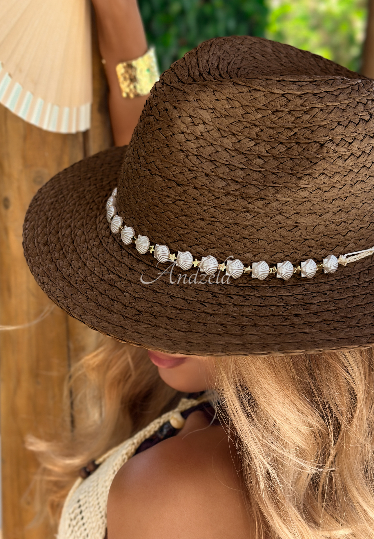 Bright Sun Camel-Colored Woven Hat with Shells