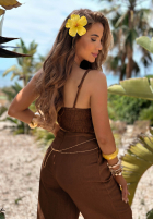 Komplet haftowany top i spodnie wide leg Palm Mirage czekoladowy