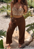 Komplet haftowany top i spodnie wide leg Palm Mirage czekoladowy