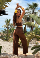 Komplet haftowany top i spodnie wide leg Palm Mirage czekoladowy