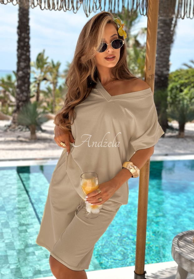 Manella Beige Cotton Set: V-neck T-shirt and Short Sweatpants