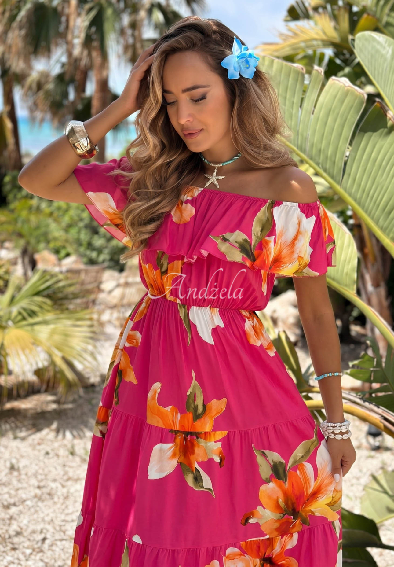 Florissa Fuchsia Viscose Floral Off-the-Shoulder Maxi Dress with Ruffles