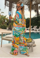 Wzorzysty komplet koszula i spodnie wide leg Aloha Paradise biało-żółty