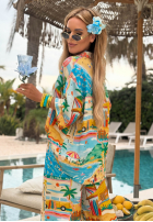 Wzorzysty komplet koszula i spodnie wide leg Aloha Paradise biało-żółty