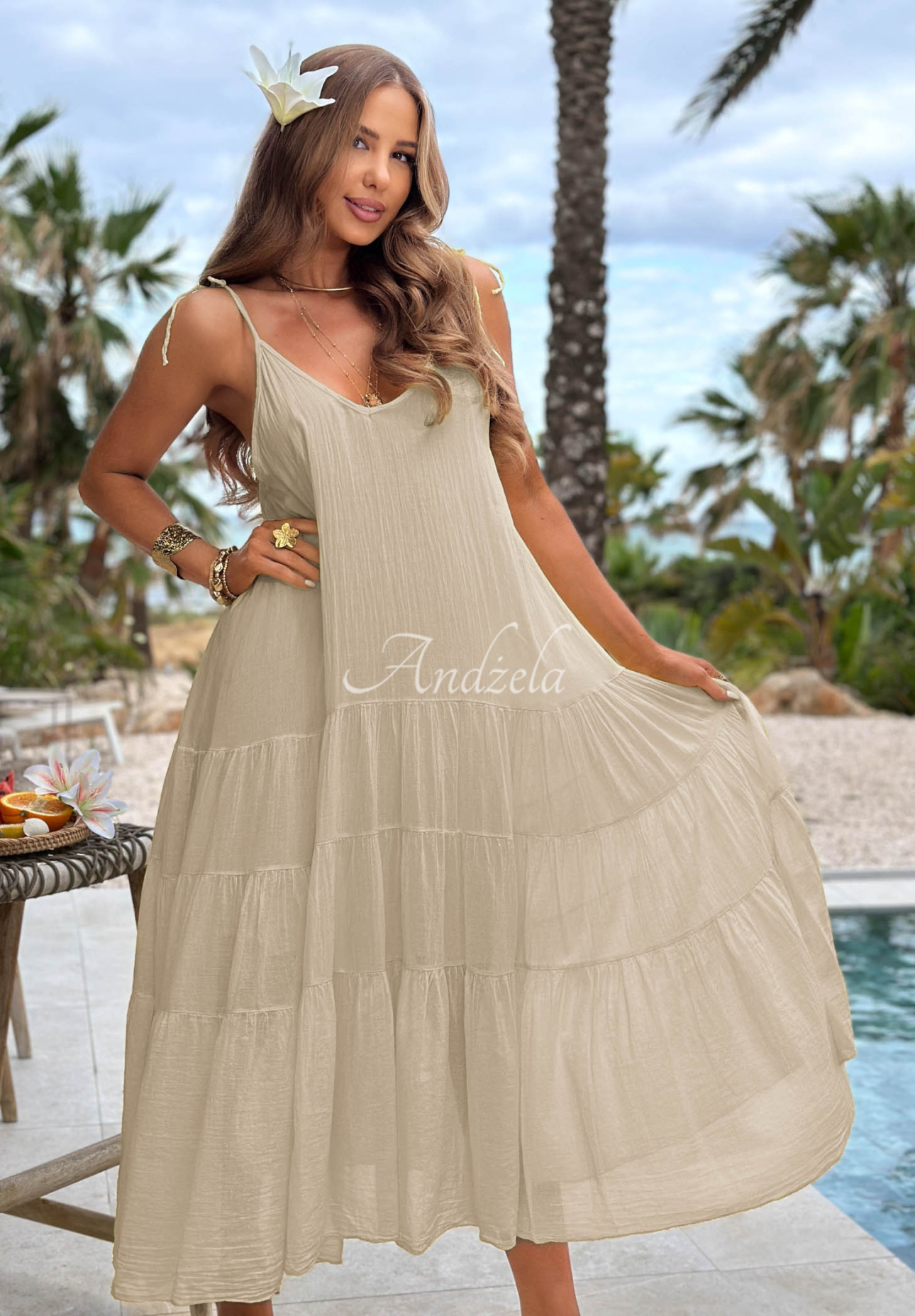 Lightweight cotton strapless dress with ruffles – Hot Waves, beige