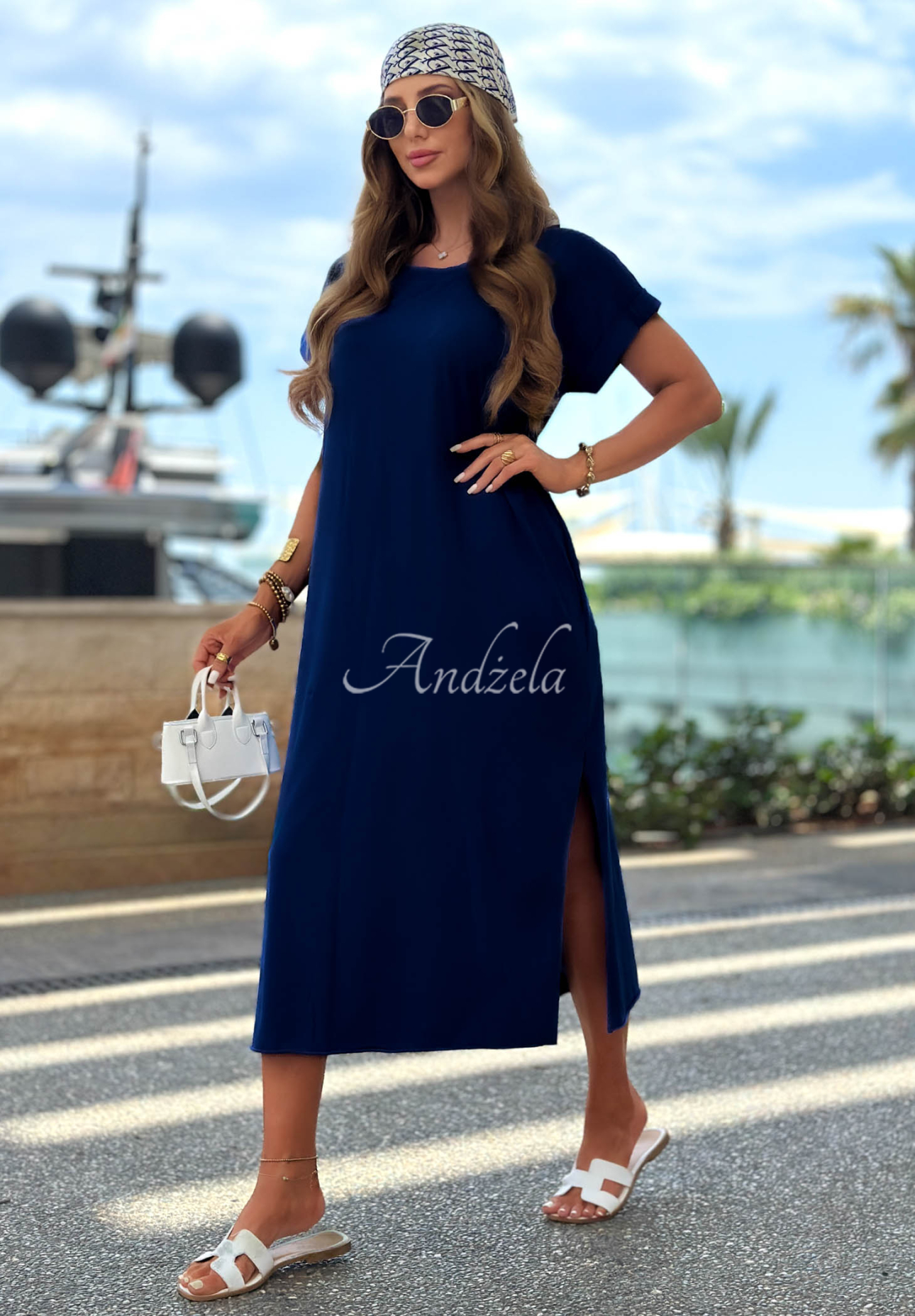 Sea Sailing Navy Blue Cotton Midi Dress with Slit