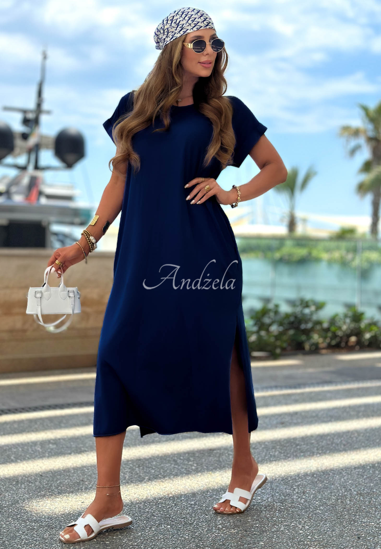 Sea Sailing Navy Blue Cotton Midi Dress with Slit