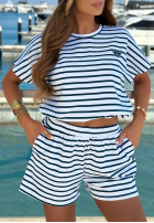 Bawełniany komplet bluzka i szorty w paski Sunny Stripes Set biało-granatowy