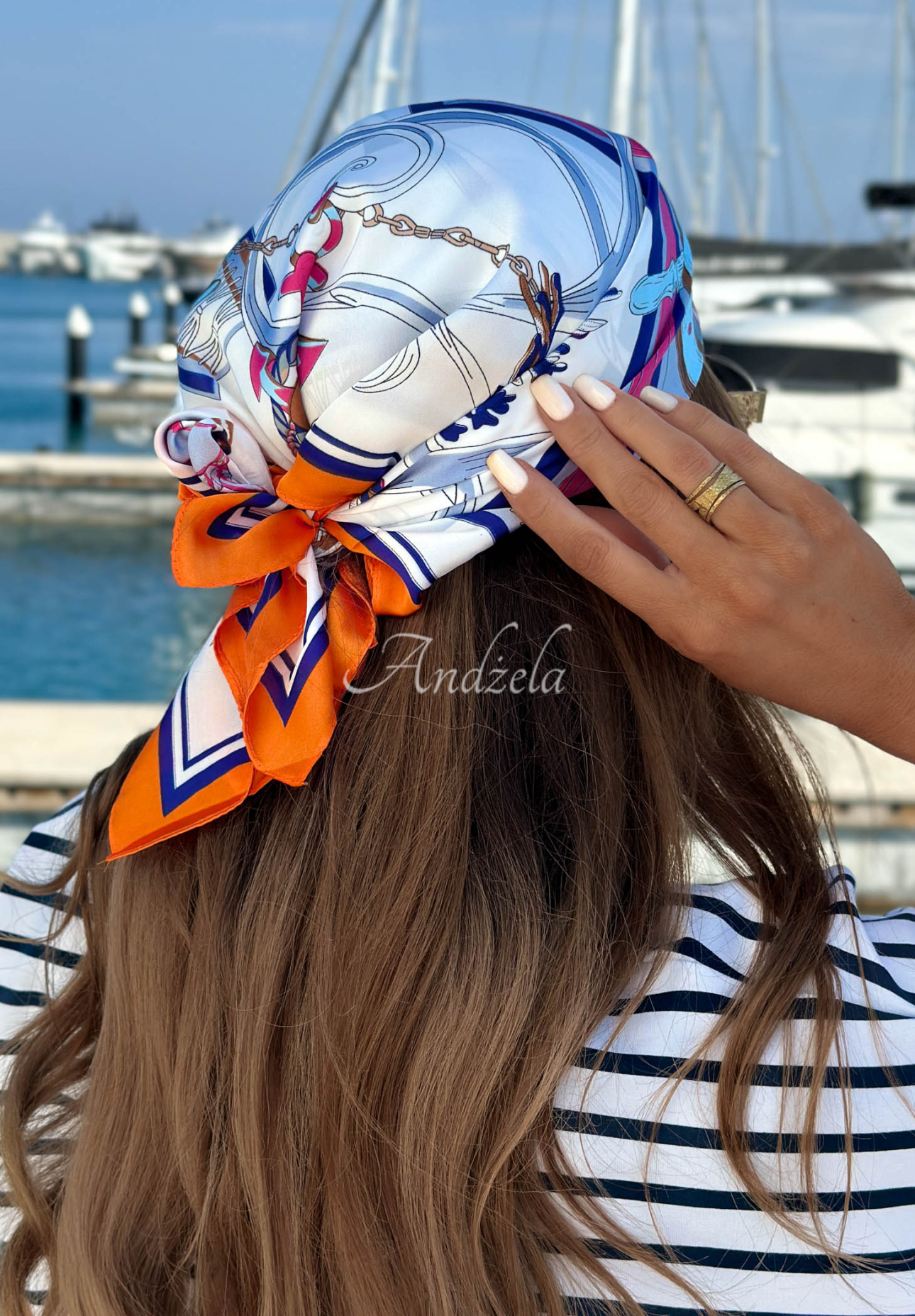 Sail Away White and Navy Blue Patterned Viscose Scarf
