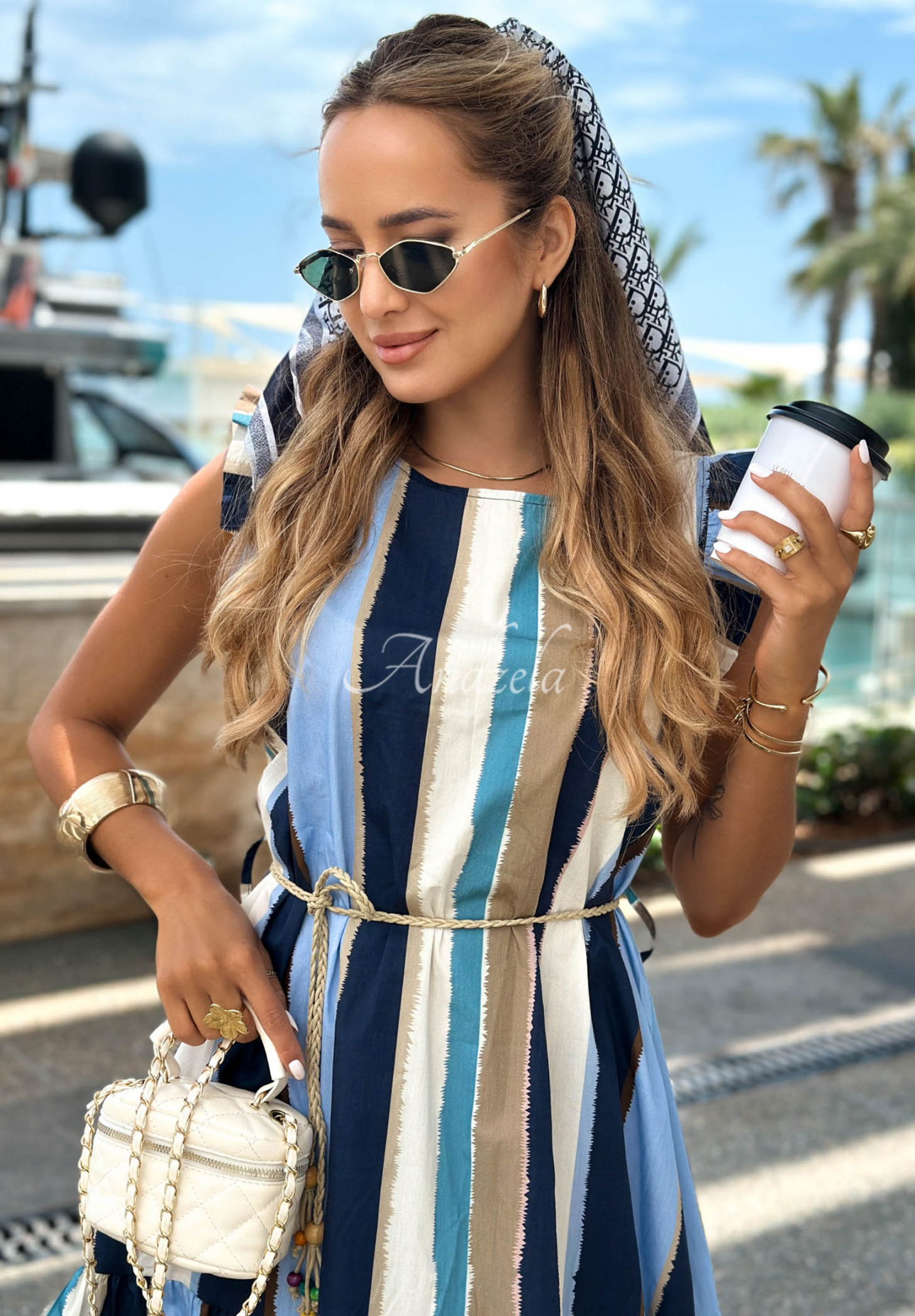 Sea Ventures Navy and Beige Striped Cotton Dress with Ruffles