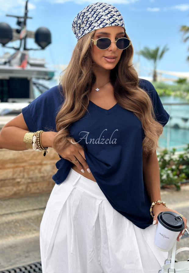 Bawełniany T-shirt z dekoltem w serek Sea Sailing granatowy