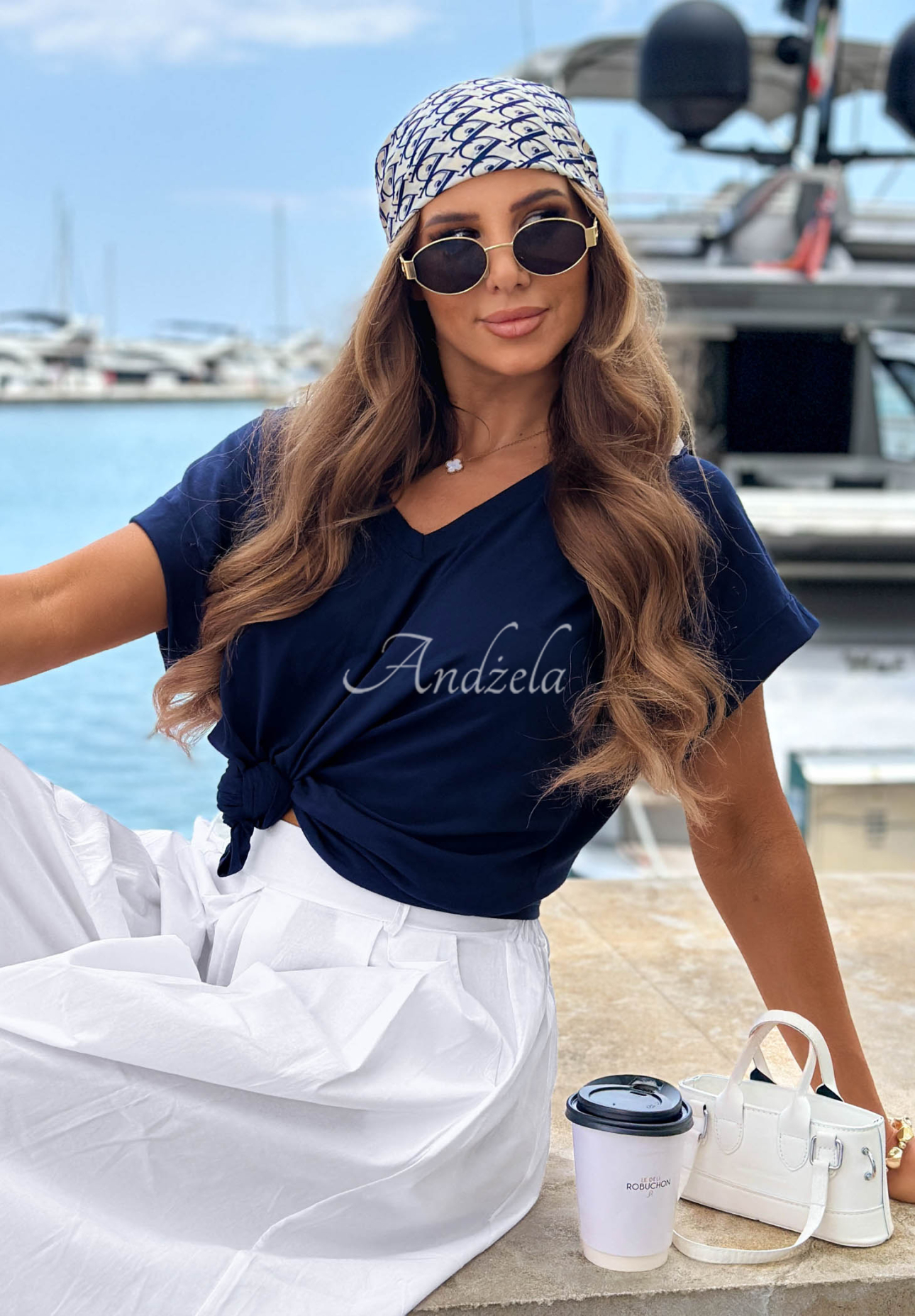 Sea Sailing Navy Blue Cotton V-Neck T-Shirt