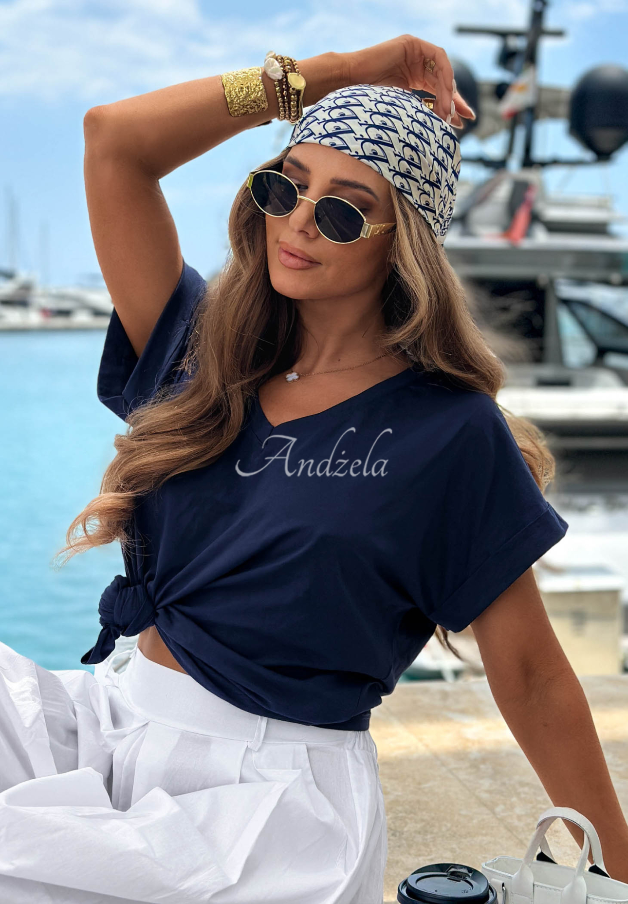 Sea Sailing Navy Blue Cotton V-Neck T-Shirt