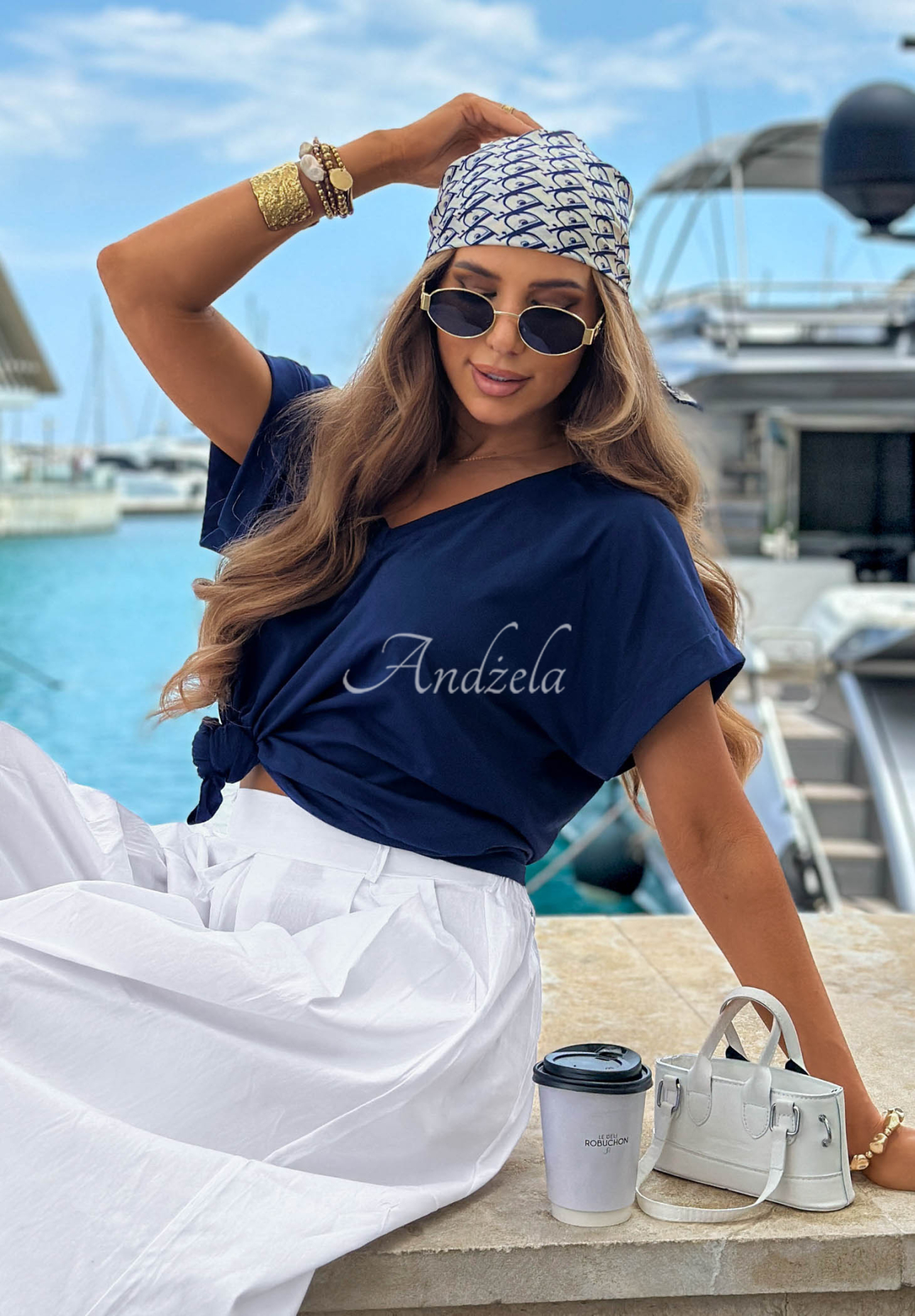 Bawełniany T-shirt z dekoltem w serek Sea Sailing granatowy