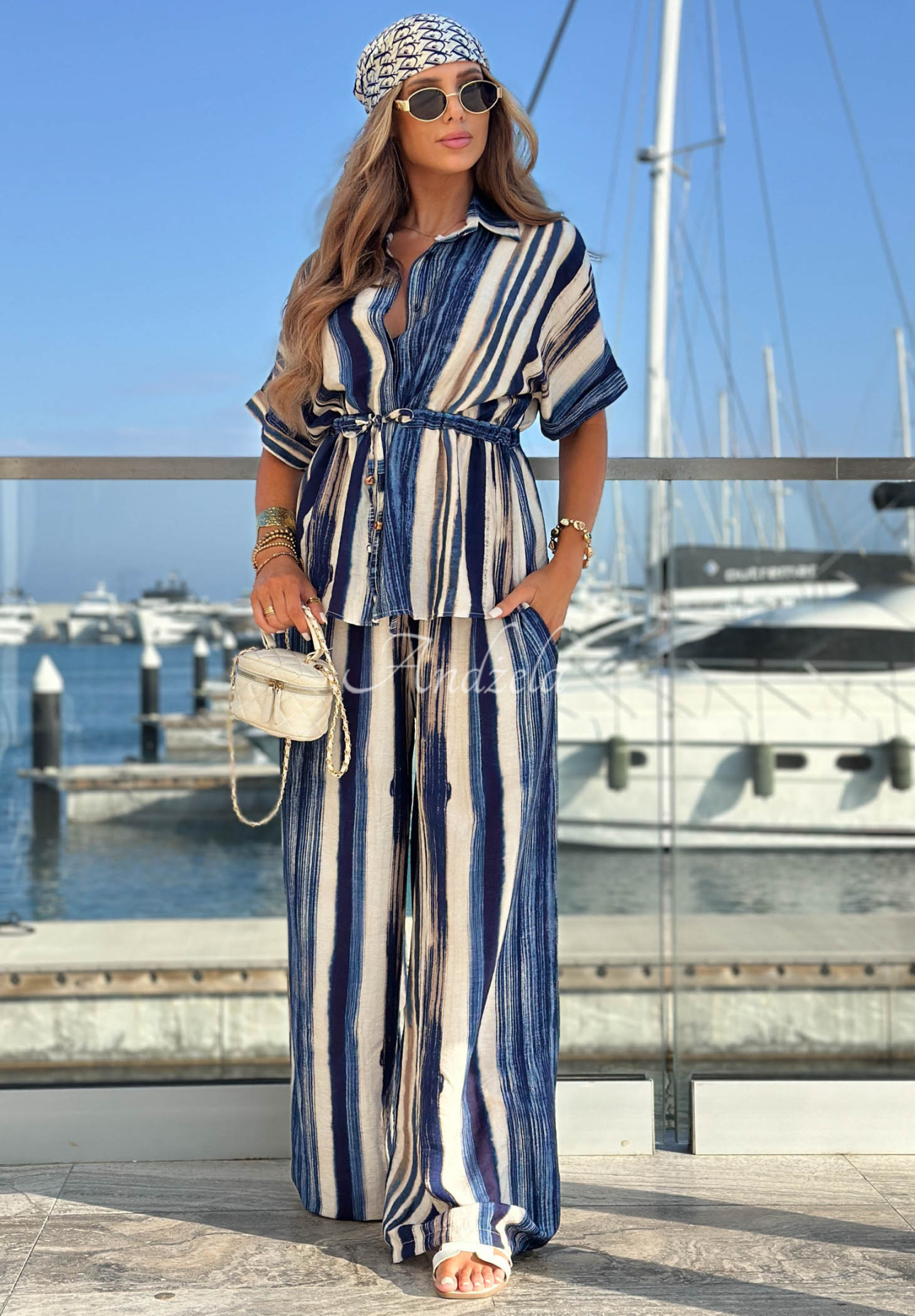Viscose shirt and wide-leg striped pants set by Trinidad Sun in white and navy blue