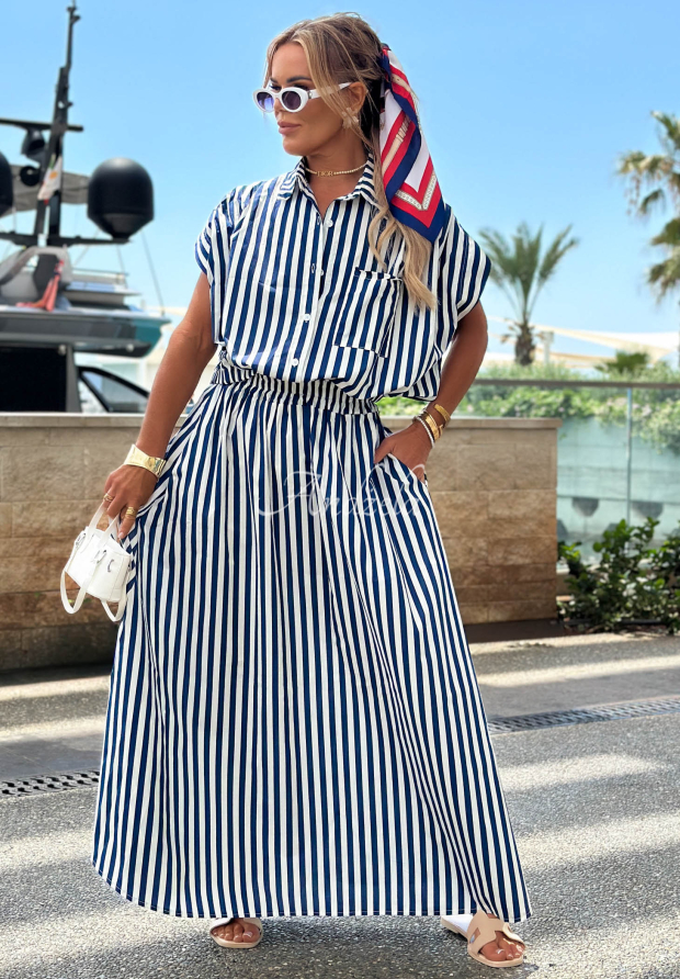Sailora Bay white and navy blue striped flared maxi skirt