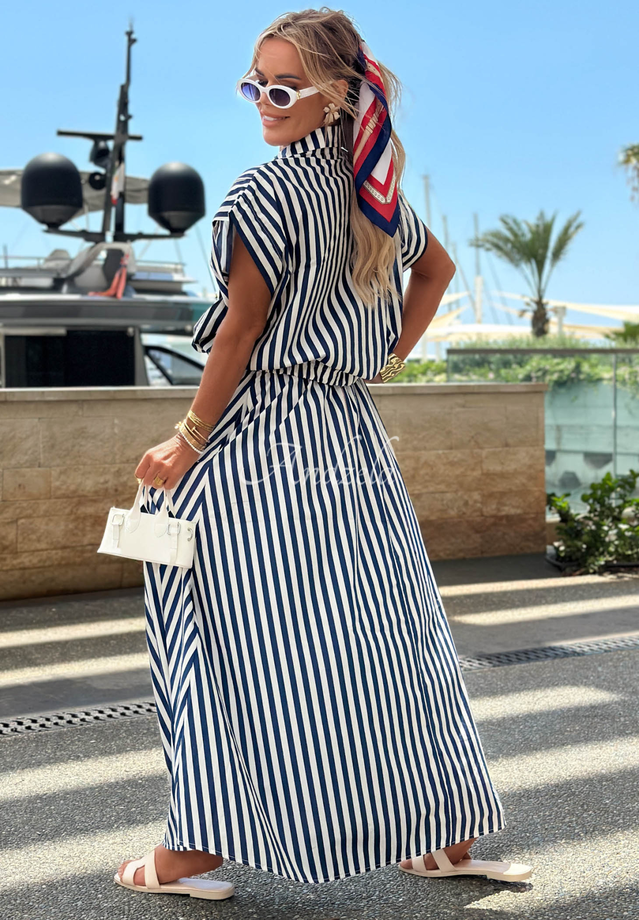 Sailora Bay white and navy blue striped flared maxi skirt