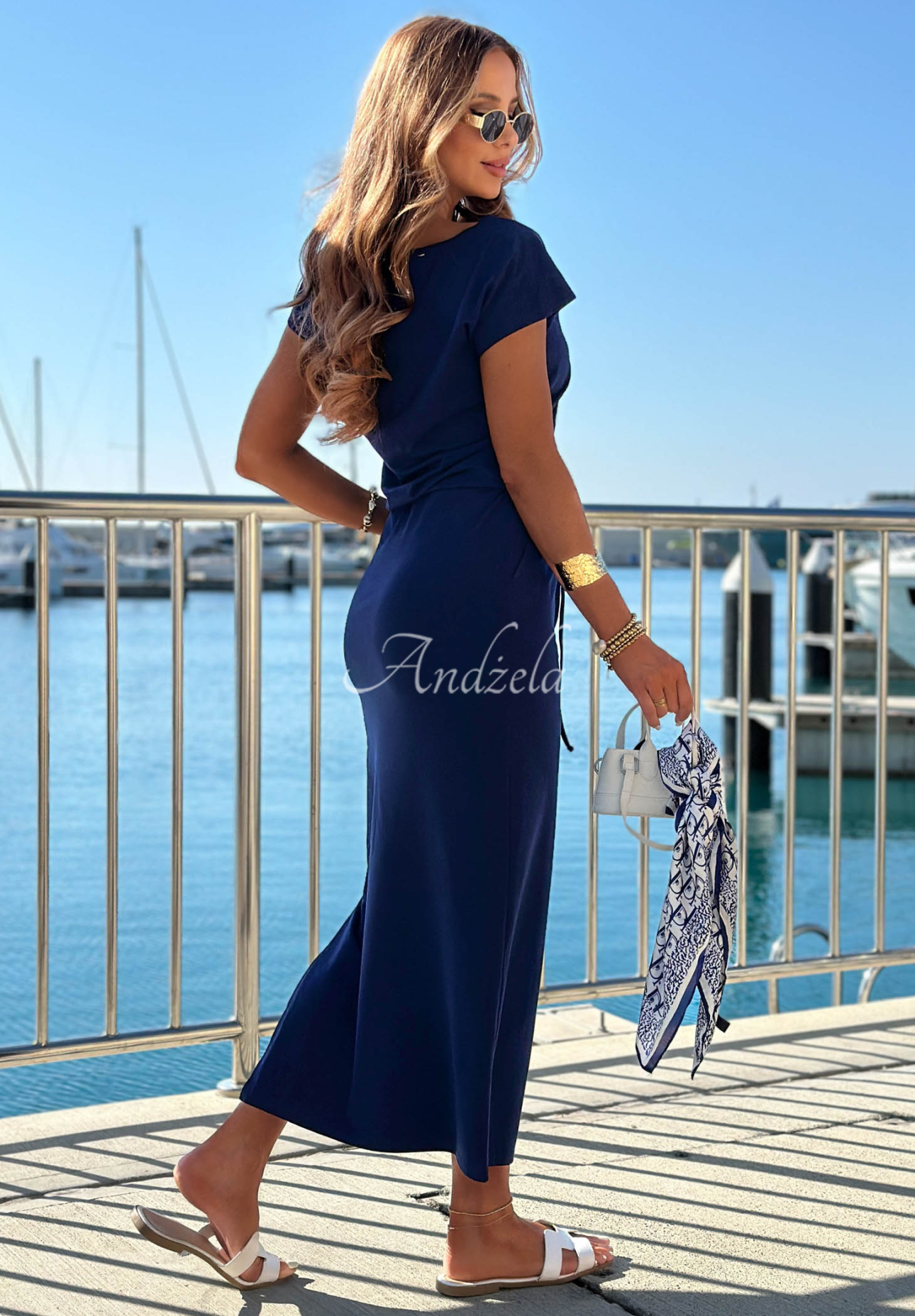 Moonlight Harbor Navy Blue Cotton Dress with Ribbed Hem