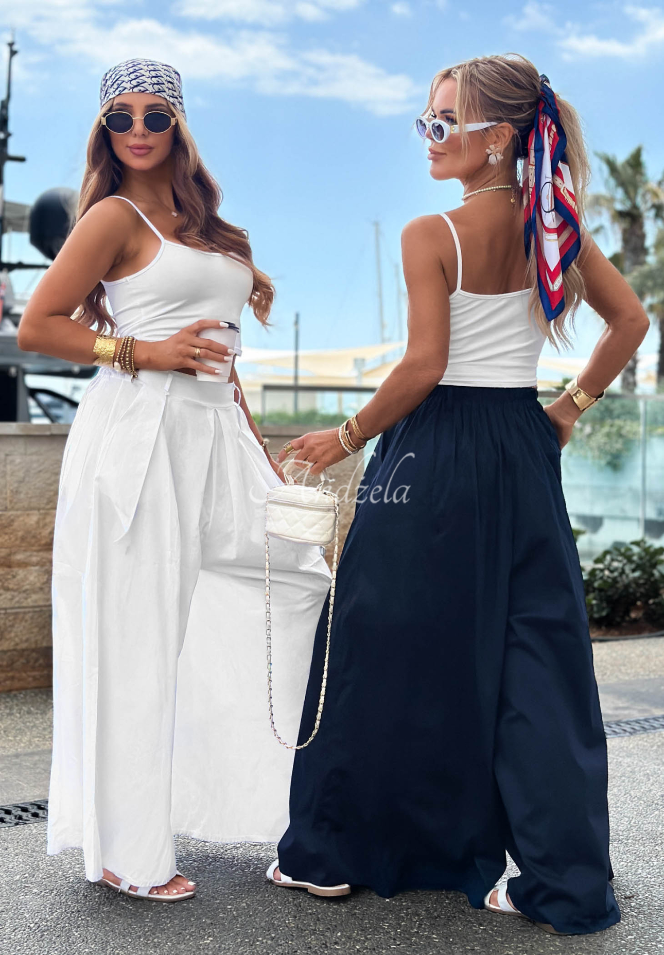 Materiałowe spodnie wide leg szwedy z bawełny Sea Elegance granatowe