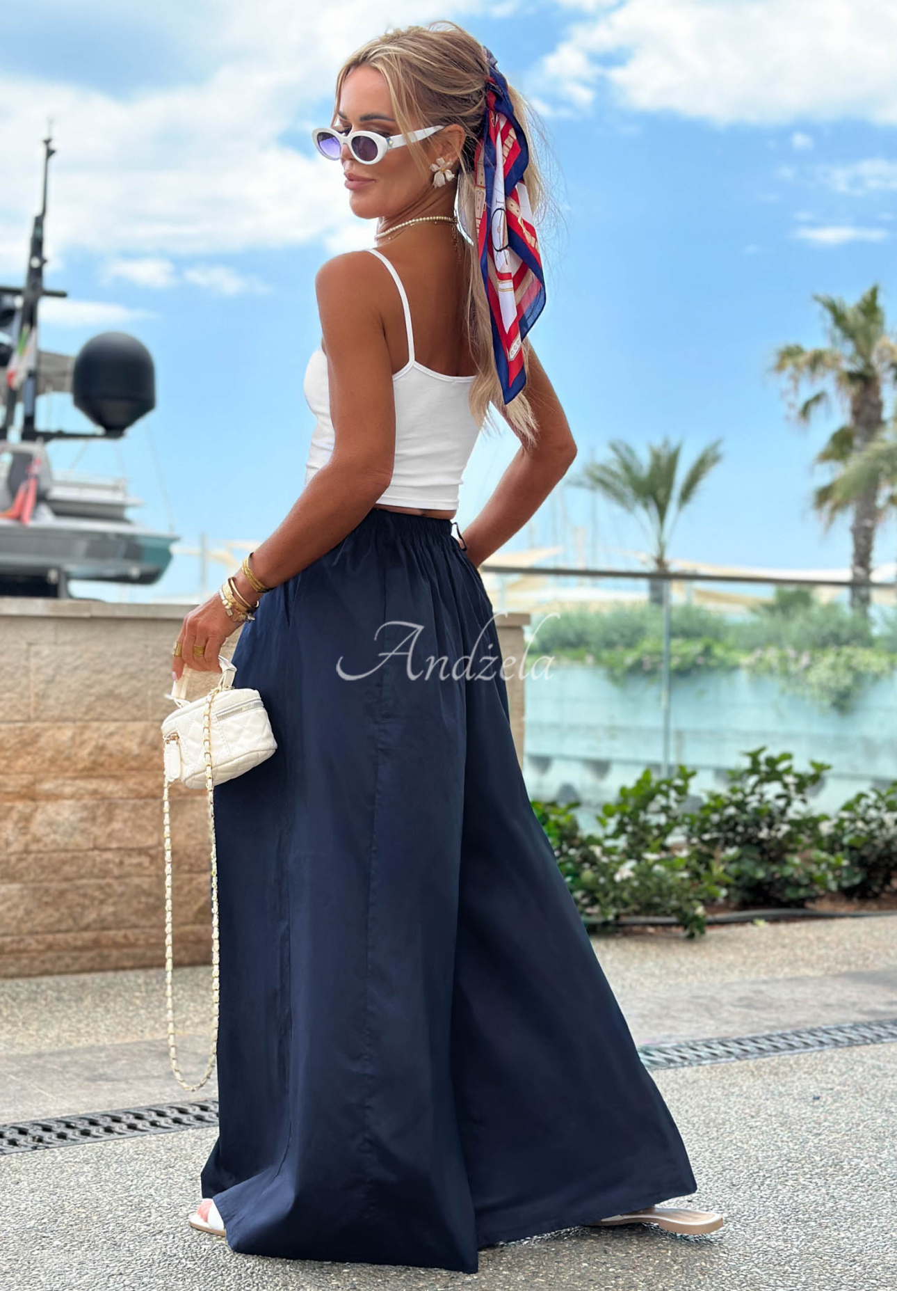 Materiałowe spodnie wide leg szwedy z bawełny Sea Elegance granatowe