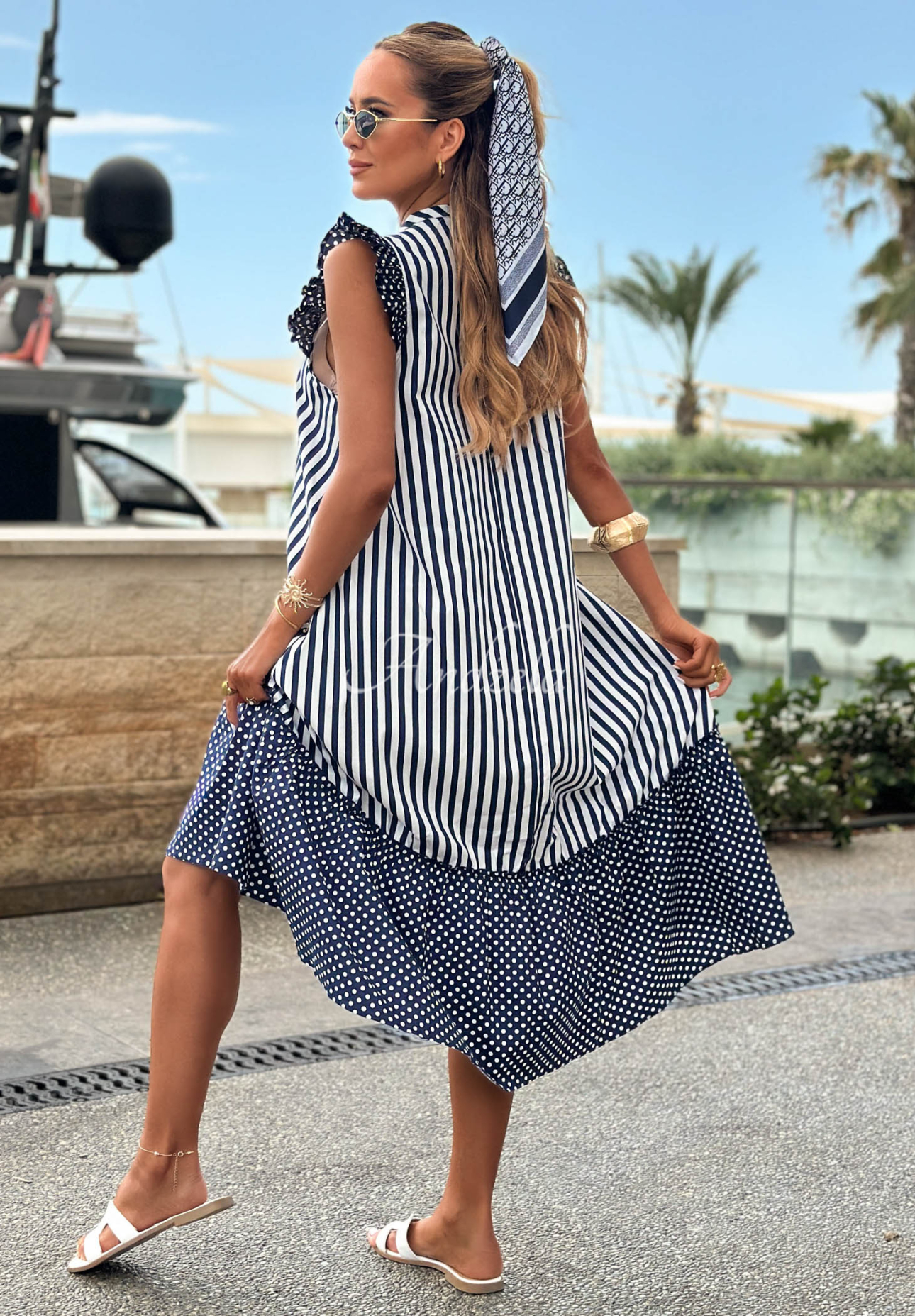 Blue Pearl White and Navy Blue Striped and Polka-Dot Cotton Dress with Ruffles