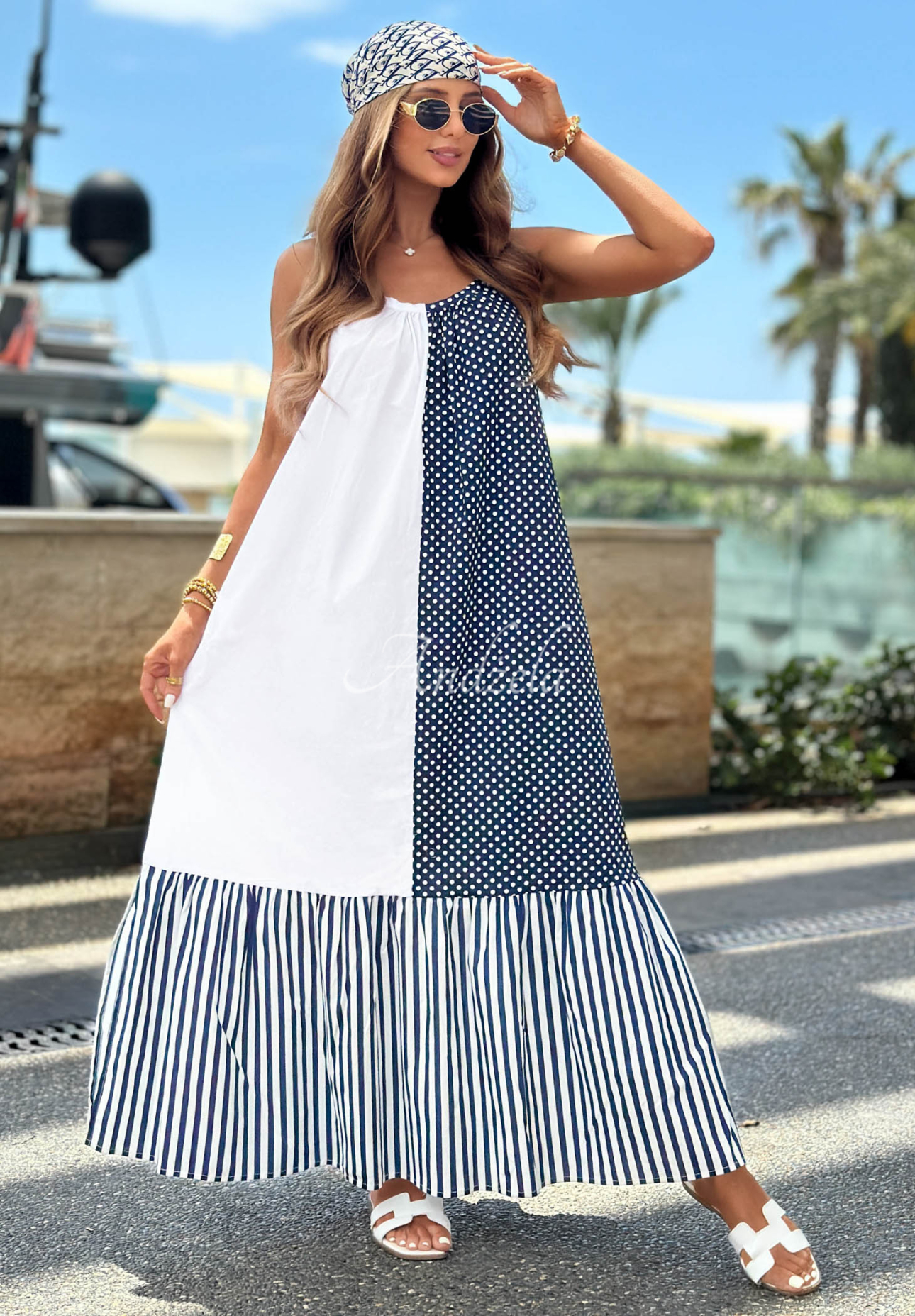 Blue Pearl white and navy blue striped and polka-dot cotton spaghetti-strap dress