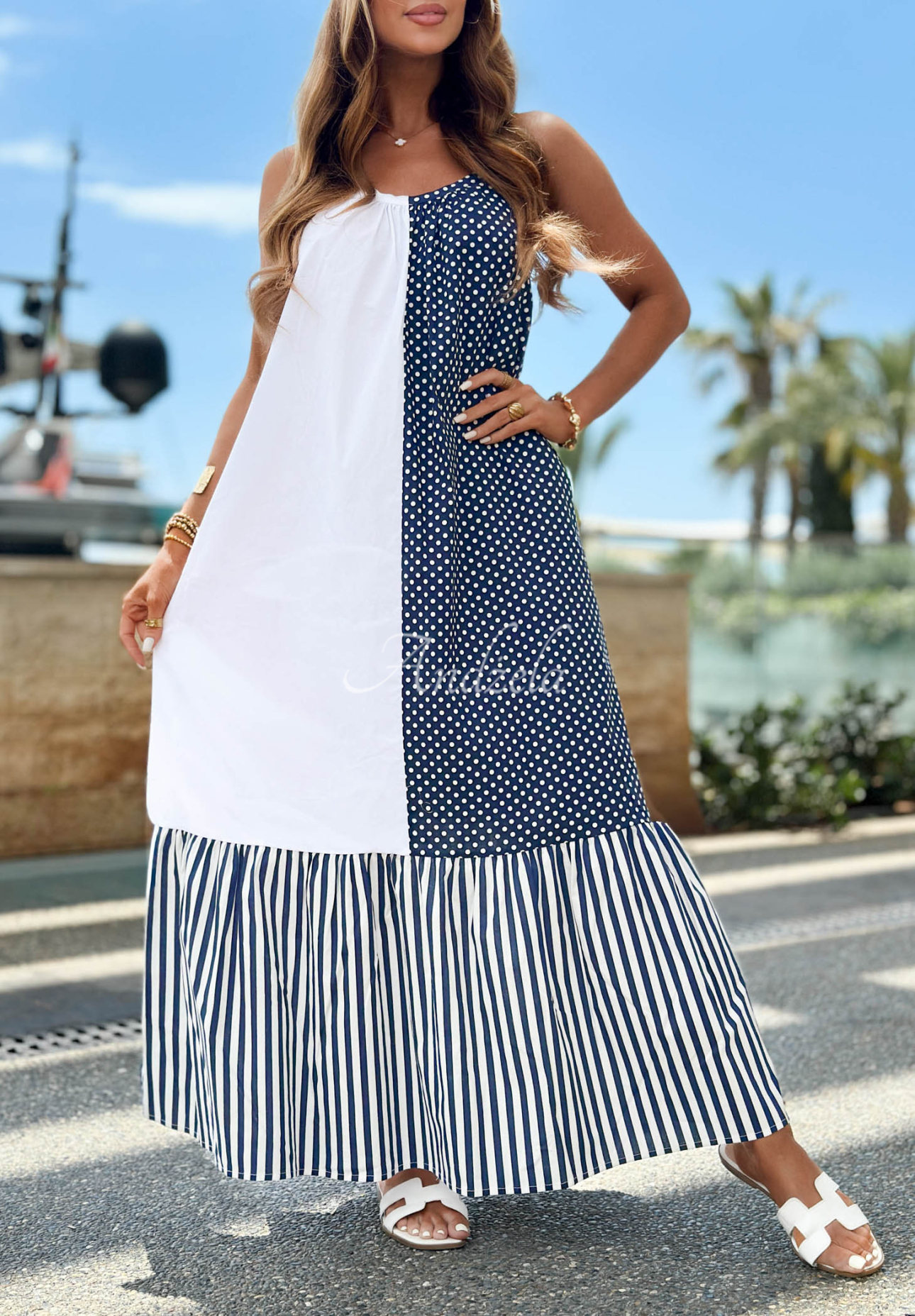 Blue Pearl white and navy blue striped and polka-dot cotton spaghetti-strap dress