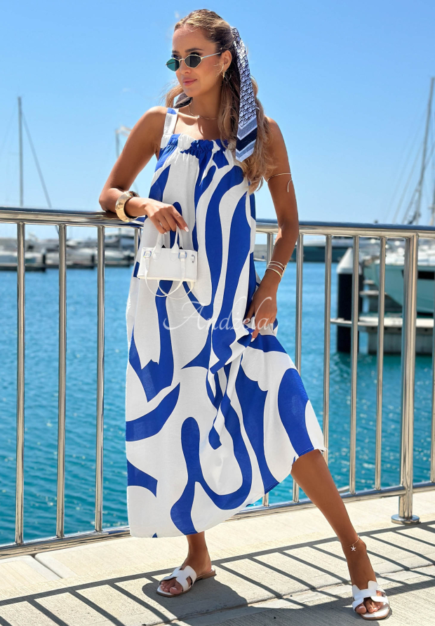 White and cobalt blue Yacht Club print viscose maxi dress with spaghetti straps