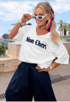 T-shirt z napisem Mon Cheri Paris biało-granatowy