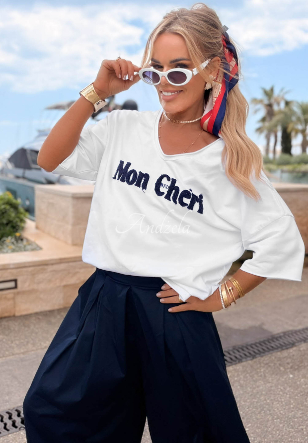 Bawełniany T-shirt z napisem Mon Cheri Paris biało-granatowy