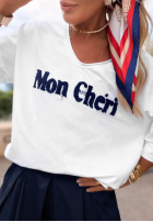 T-shirt z napisem Mon Cheri Paris biało-granatowy