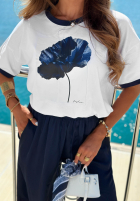 Komplet T-shirt z nadrukiem i materiałowe spodnie wide leg Sea Poppy biało-granatowy
