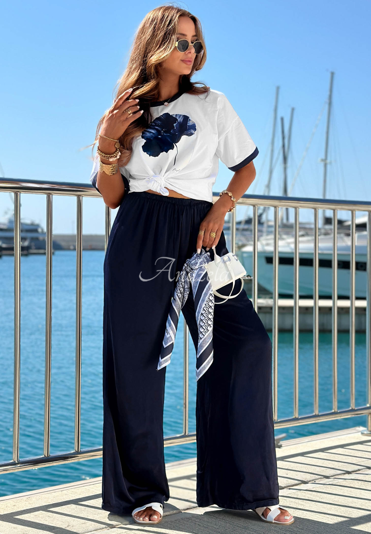Sea Poppy navy blue wide-leg viscose satin pants
