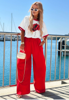 Materiałowe spodnie wide leg Sea Poppy biało-czerwone