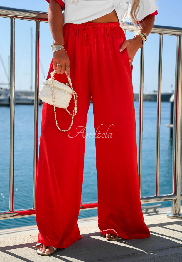 Satynowe spodnie wide leg z wiskozy Sea Poppy czerwone