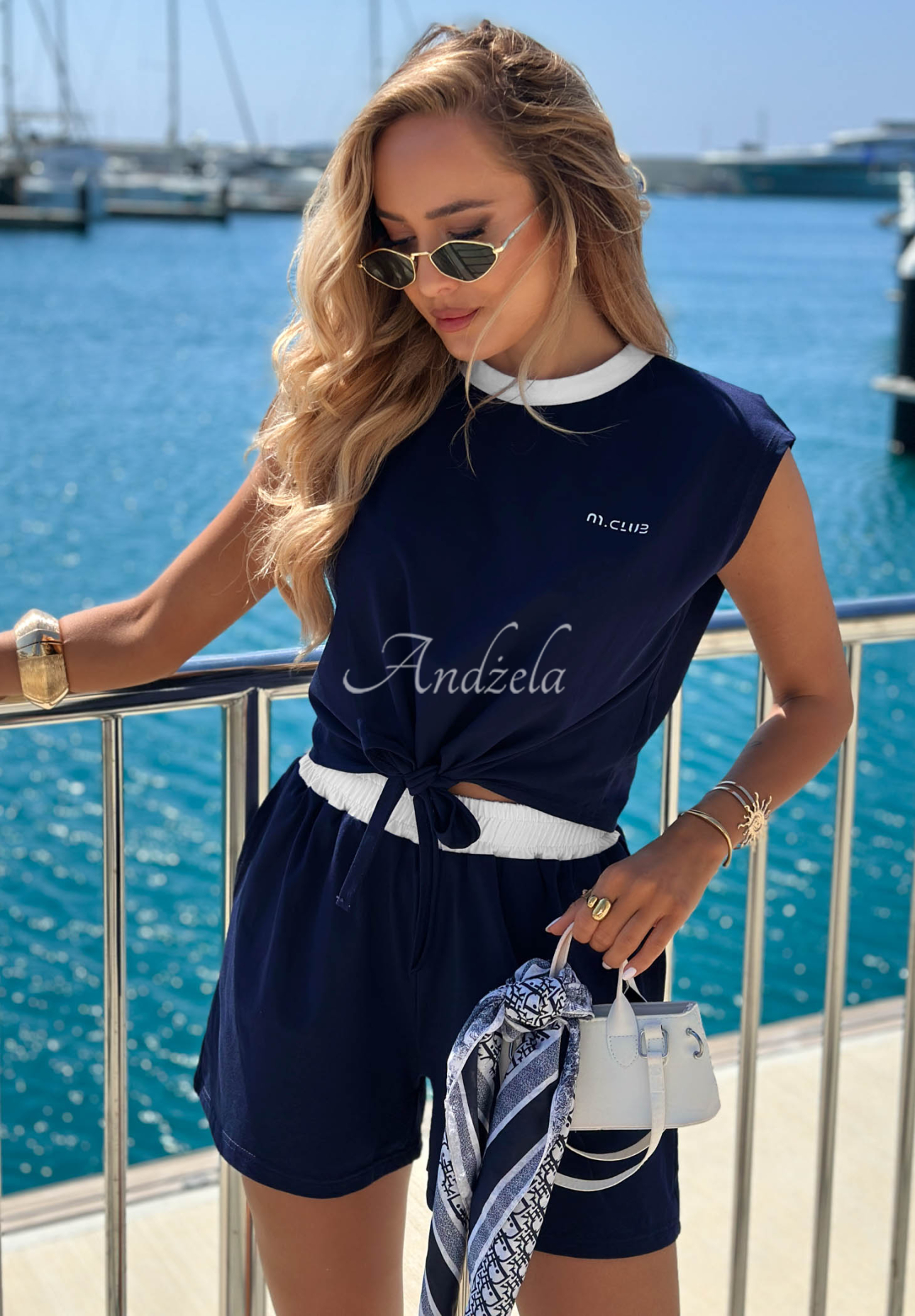 Marina Club Navy Blue Cotton Blouse with Tie Detail